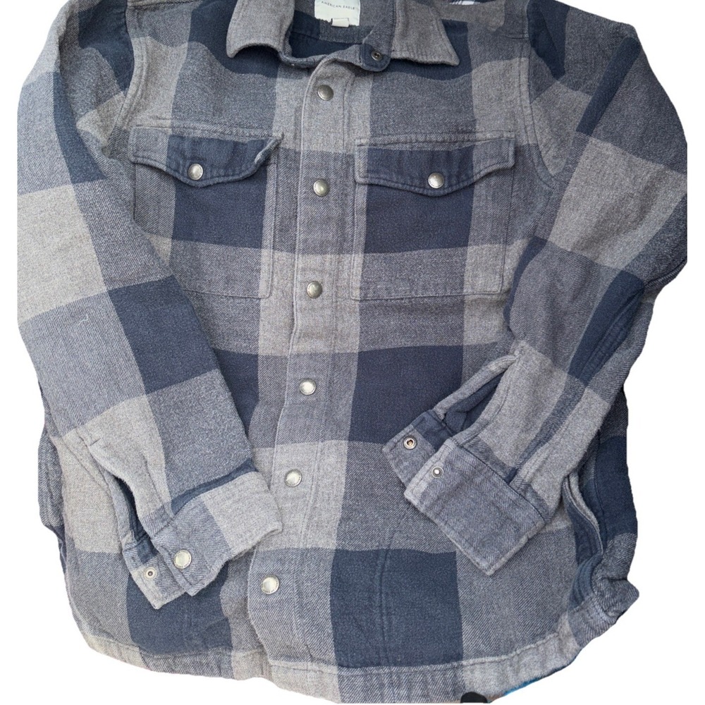 American Eagle Men's Snap Tall Large Flannel Shirt Blue Gray Plaid Camp Hunt Spr